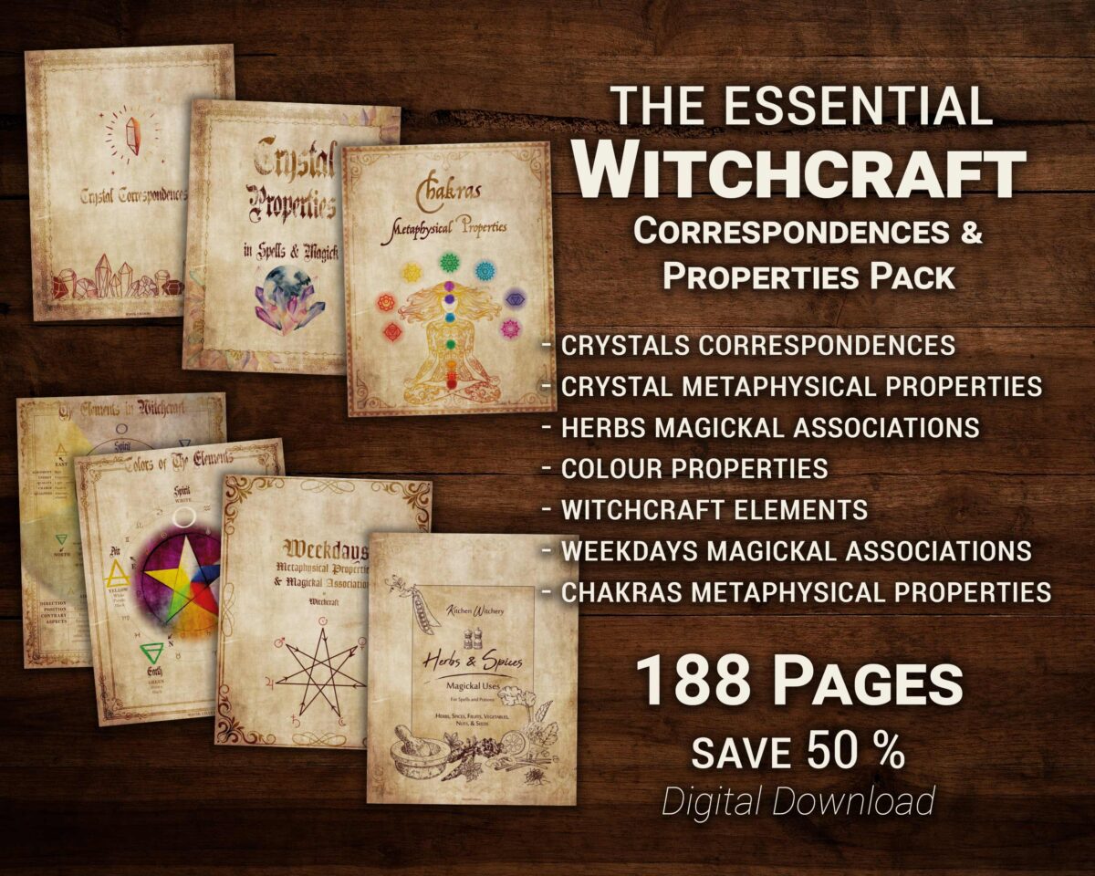 The Essential Witchcraft Correspondences and Properties Pack. 188 full color pages. 188 BW pages. Save 50 %