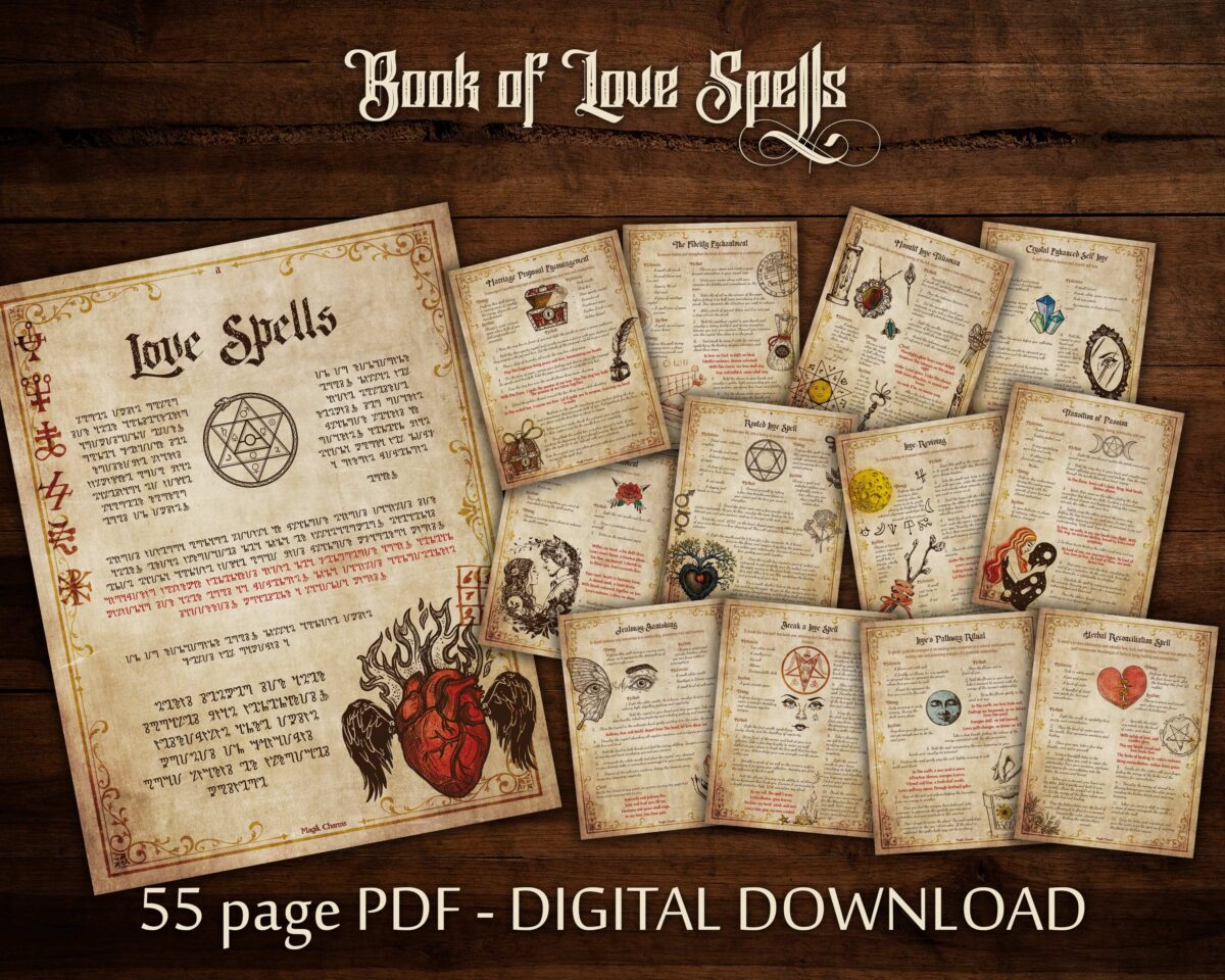 56 page digital download witchcraft love spell book. Discover the secrets of love with our digital witchcraft spell book. Download now for a bewitching exploration into the realms of love magick.