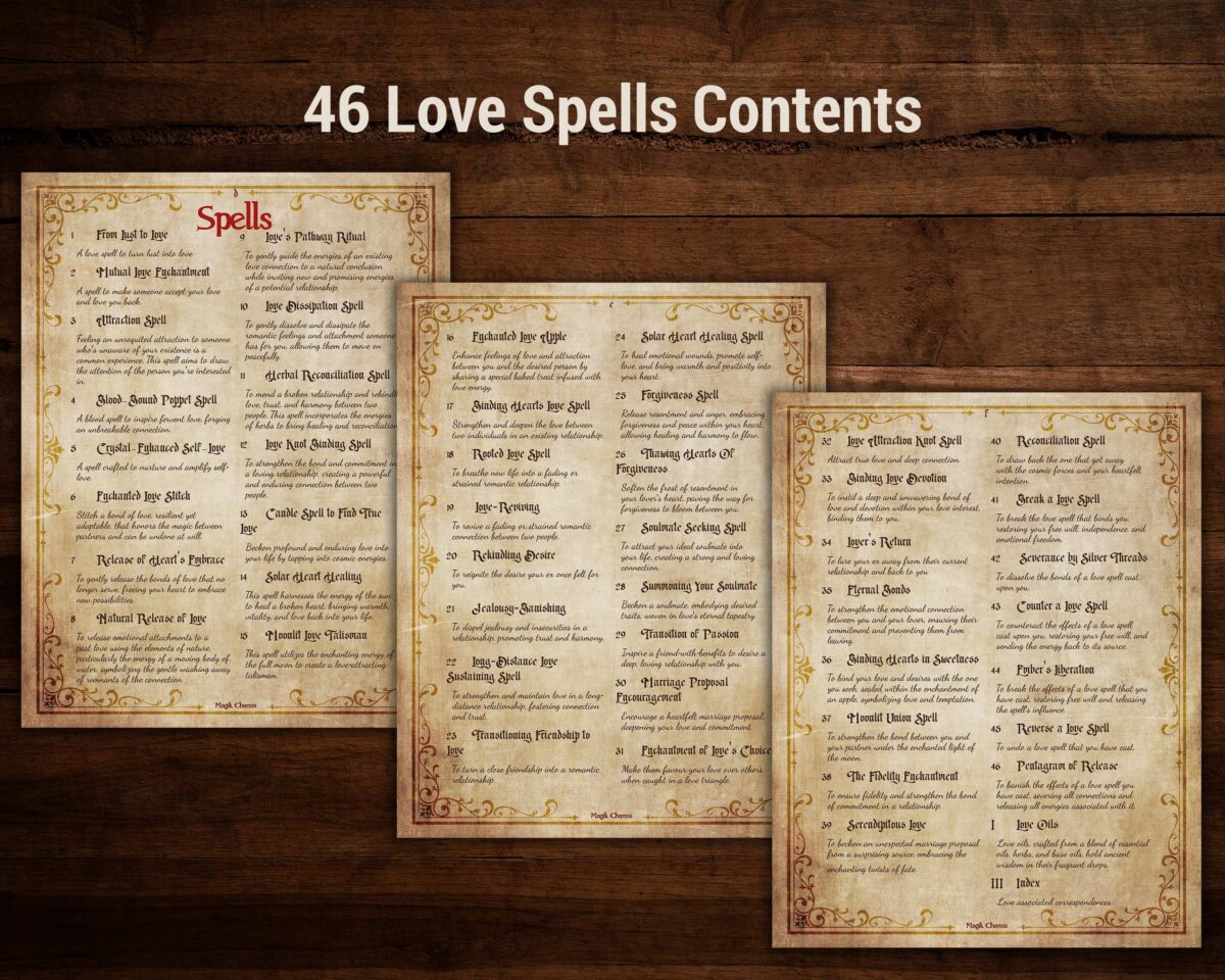 Unlock the doors to love's mysteries with our digital grimoire – 40 love spells, 6 enchanting reversals. Opt for vintage charm or transparent allure. Immediate downloads for weaving your love spells.