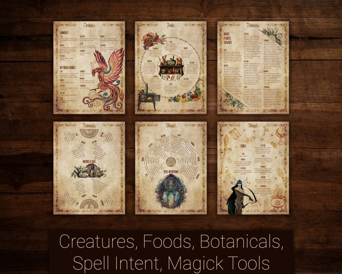 Wheel of the Year associations with animals, mythical creatures, foods, herbs, plants, flowers, incense, and oils. Spell intentions and magickal tools for each celebration during Yule, Imbolc, Ostara, Beltane, Litha, Lammas, Mabon, and Samhain.