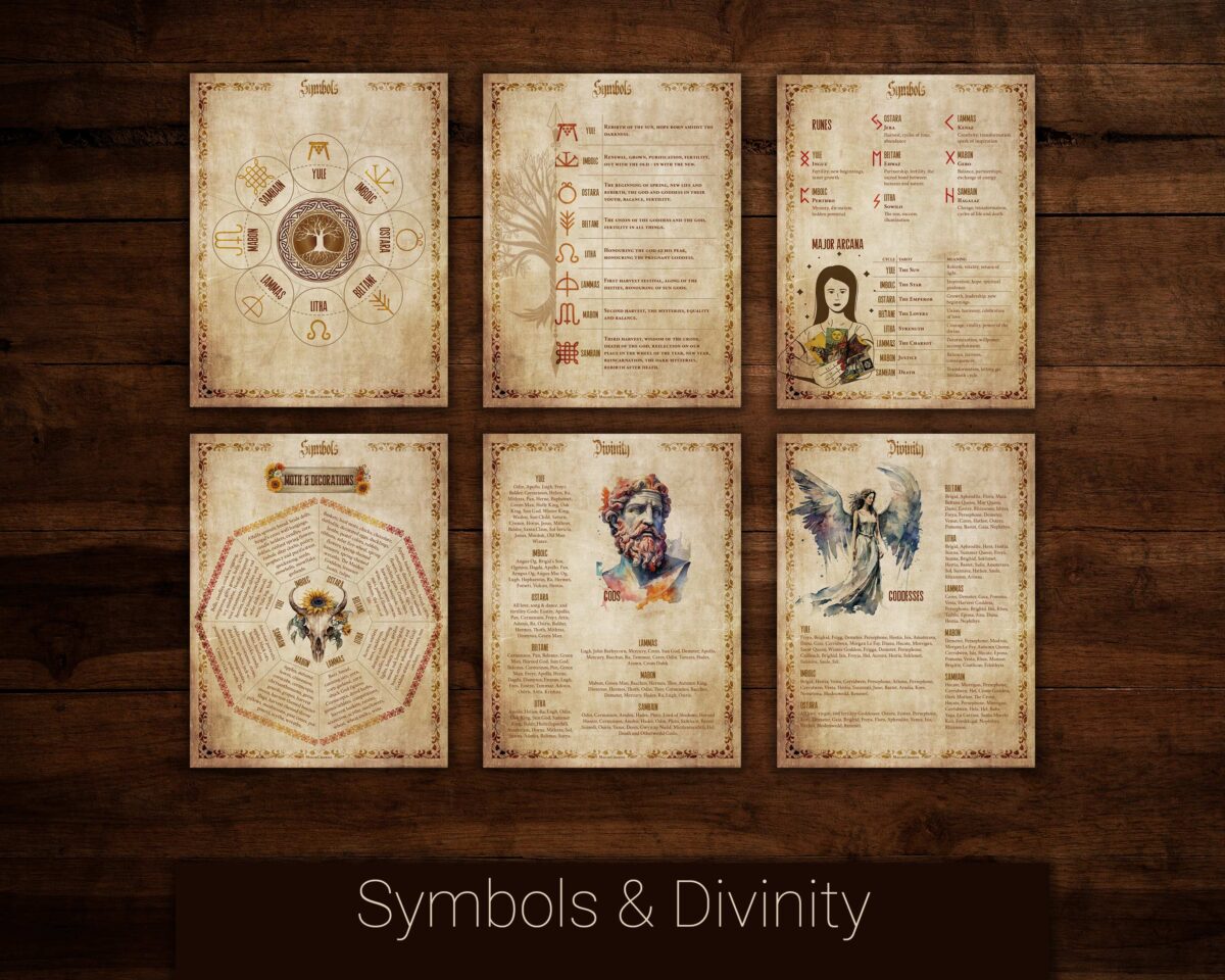 Witchcraft seasons symbols and symbolism. Gods, Goddesses, runes, tarots, motifs, and meanings for Yule, Imbolc, Ostara, Beltane, Litha, Lammas, Mabon, and Samhain. Book of Shadow digital download. Build your grimoire. Wheel of the Year Properties