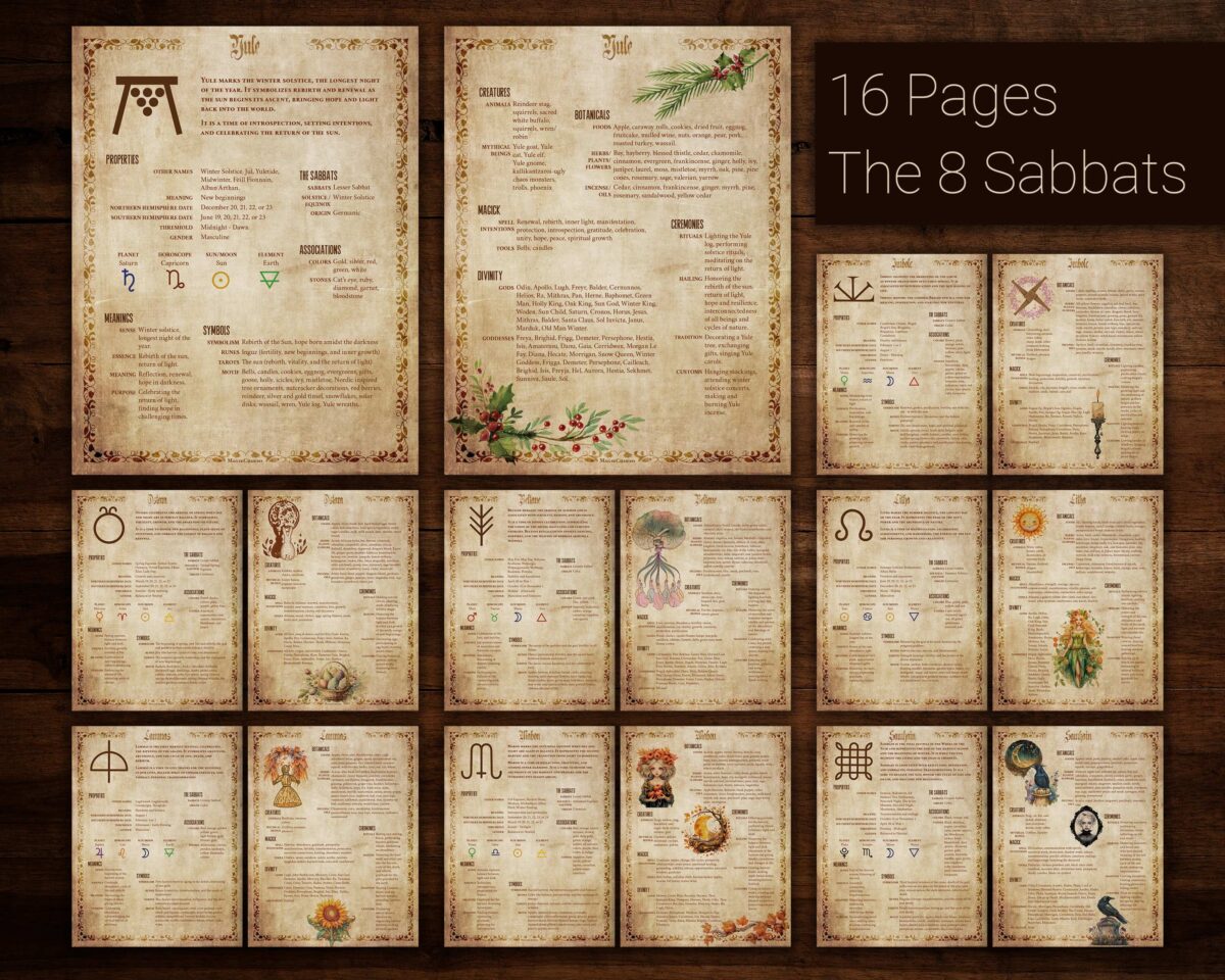 A 2-page spread for each cycle in the wheel of the year with all the properties and associations for Yule, Imbolc, Ostara, Beltane, Litha, Lammas, Mabon, and Samhain. Beginner witch Wheel of the Year starter pack. Digital PDF download.