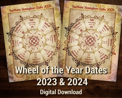 Wheel of the year dates for the Northern and Southern Hemispheres in 2023 and 2024. Plus the traditional dates and a blank chart. Digital PDF download for your book of shadows.