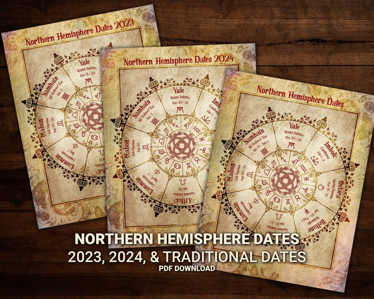 Printable Northern Hemisphere Pagan Festival calendars for 2023 and 2024. Traditional witchcraft wheel of the year dates in the Northern Hemisphere.