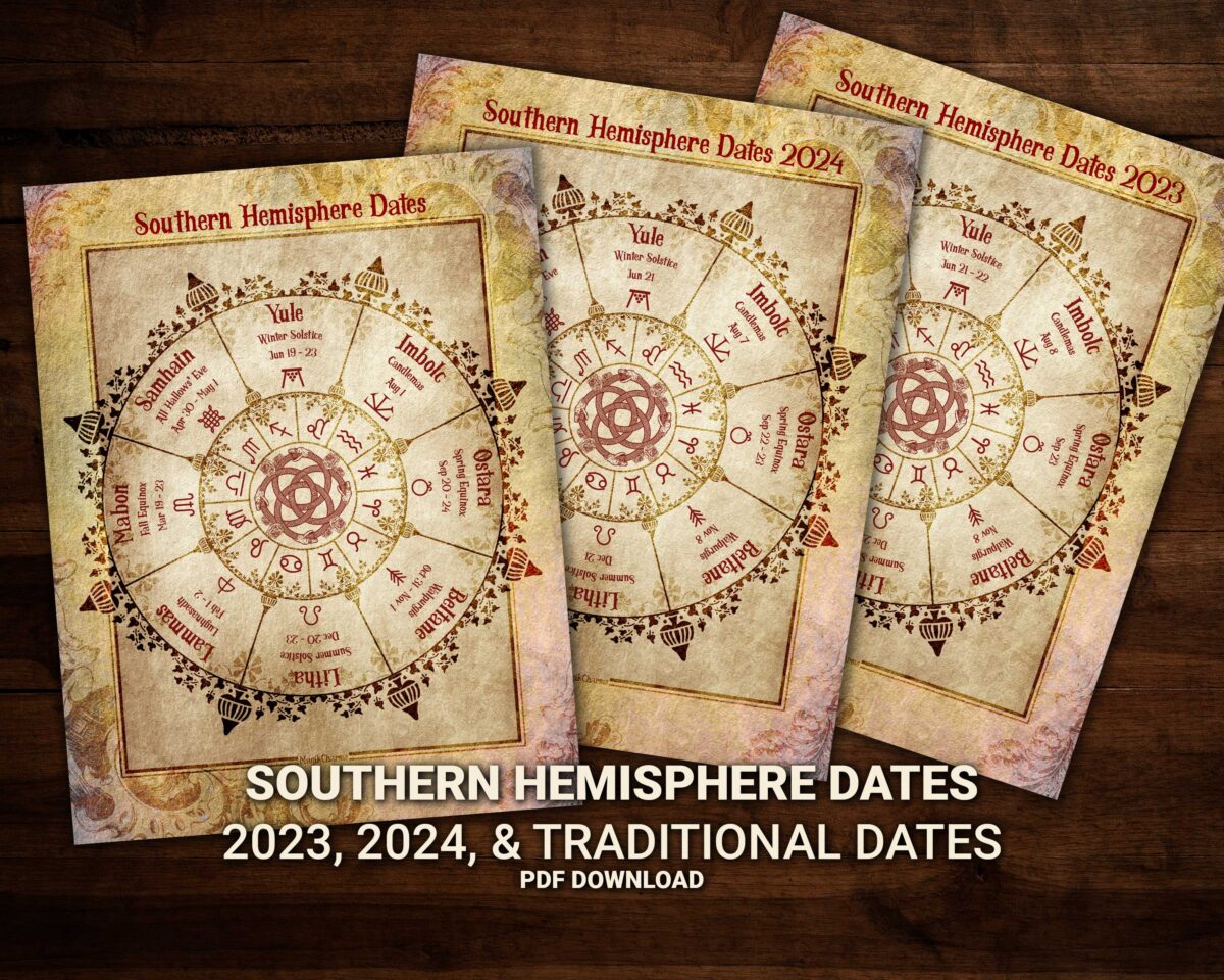 Printable Southern Hemisphere Sabbat calendars for 2023 and 2024. Traditional wheel of the year dates in the Southern Hemisphere.