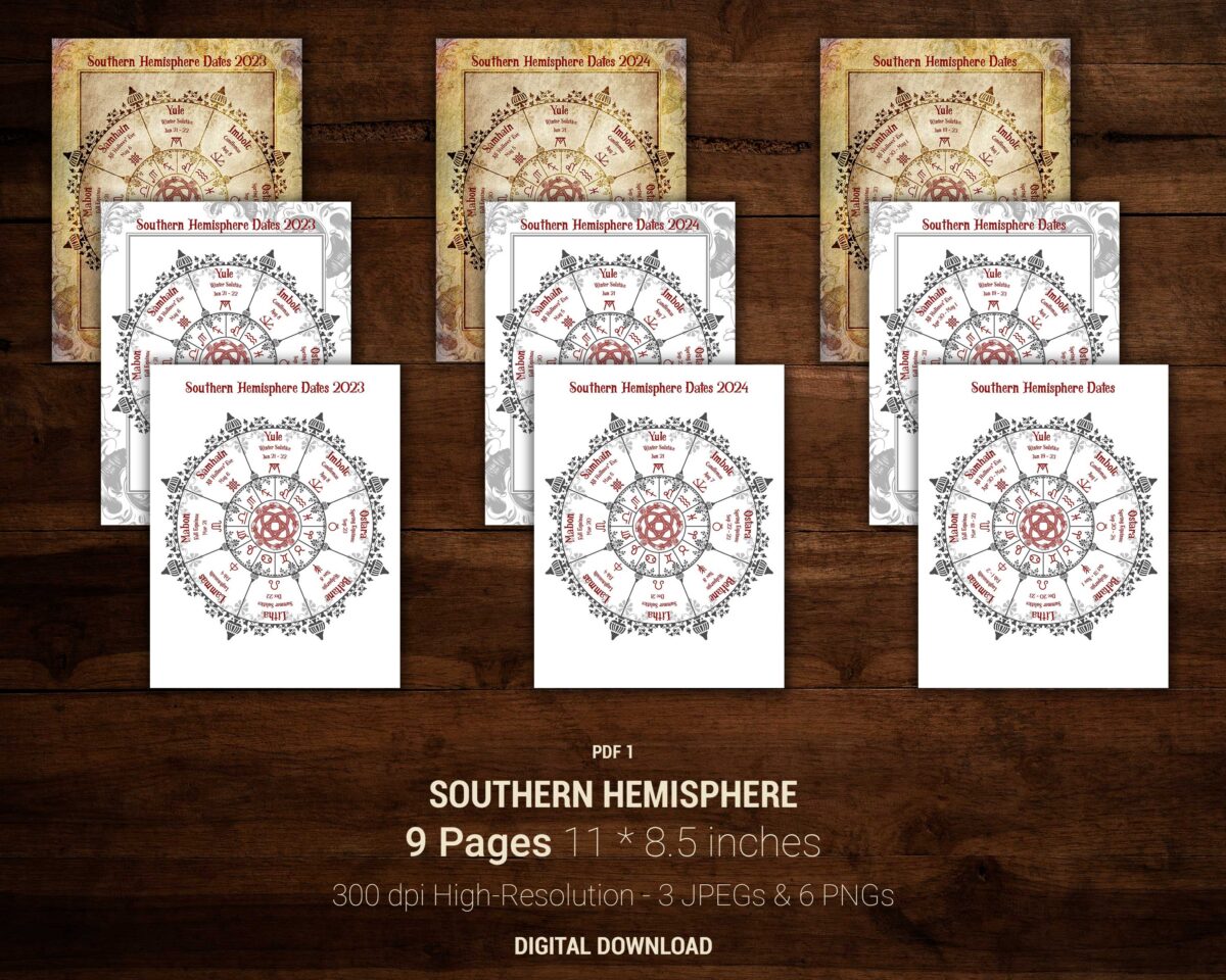 2023, 2024 Wheel of the Year Southern Hemisphere calendar. Actual Wiccan festival dates in 2023, 2024. Traditional witchcraft dates in the Southern Hemisphere. Wiccan Sabbats in southern Hemisphere 2024.