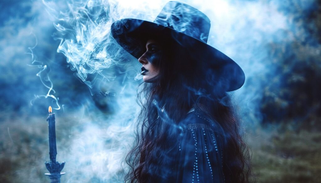 A witch dressed in black lighting a black candle in nature.