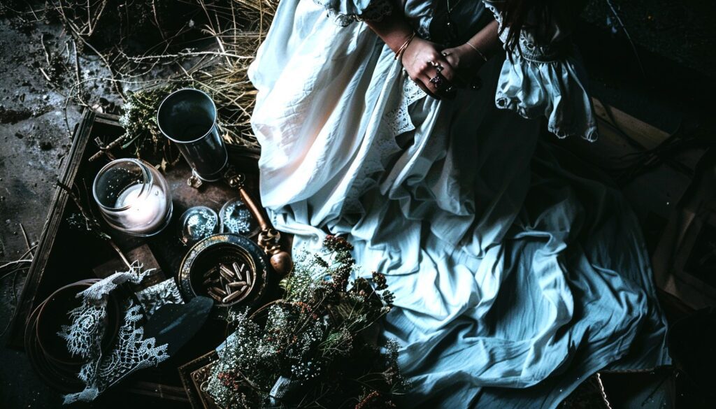 A witch dressed in white to enhance her magick ritual.