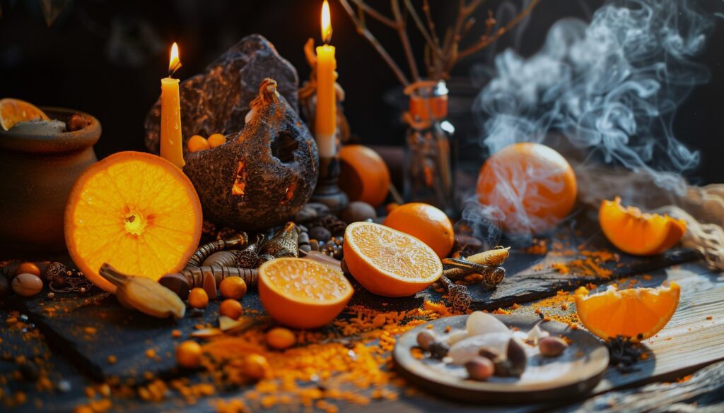 An altar with orange candles and citrus fruit 