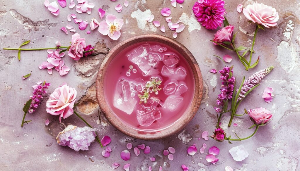 Pink crystals and flowers in water for relaxing and emotional healing