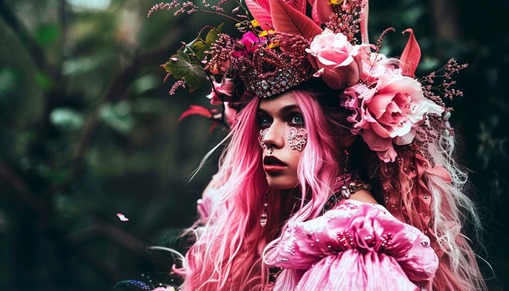 Pink in witchcraft - headpiece with pink flowers and crystals for magick ritual