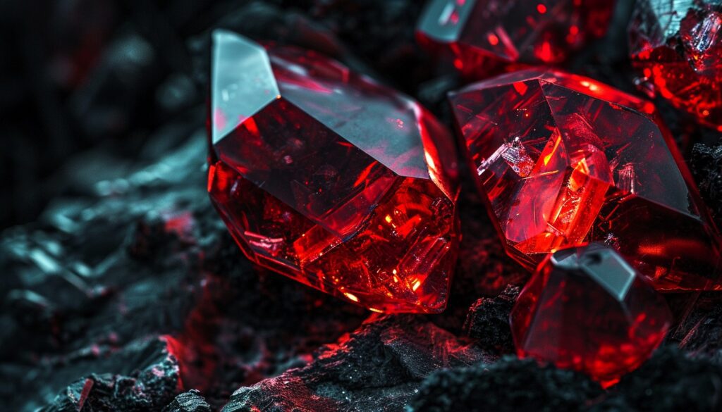 Red crystals set up for a magickal ritual.