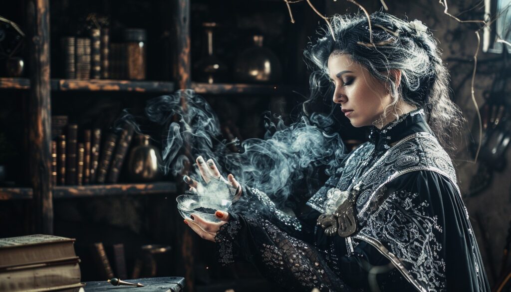A witch casting a spell using the metaphysical properties of silver. 