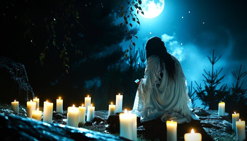 Witch dressed in white with white candles casting a spell under the moon.