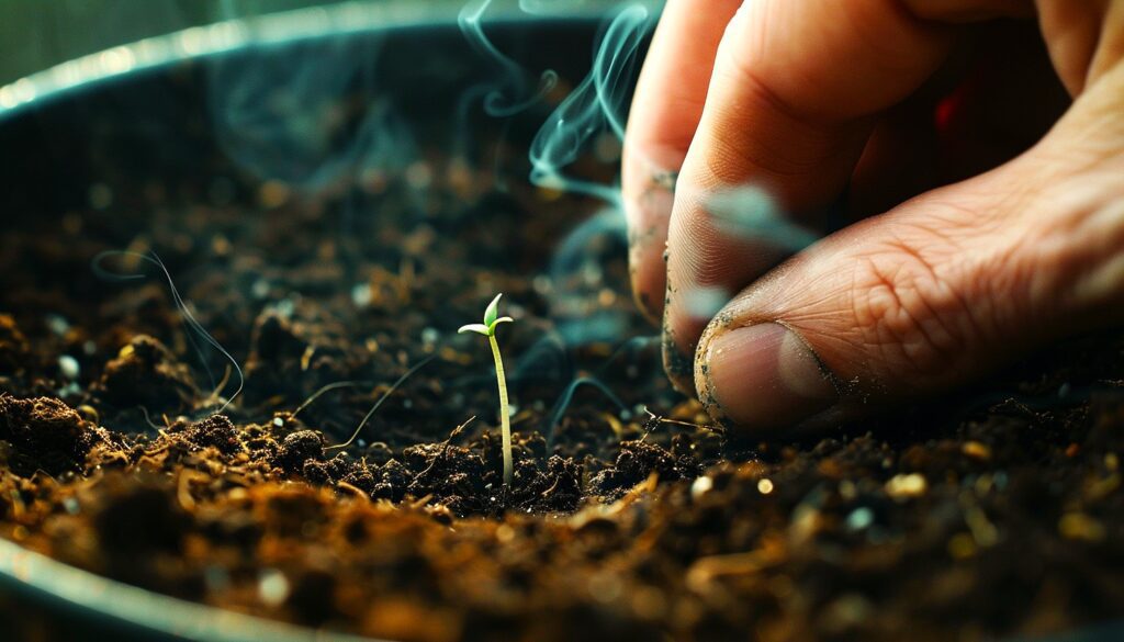 Imbolc A closeup of a hand gently planting a single seed into a pot of rich dark soil Steam rises from the soil and a faint green sprout peeks through the surface