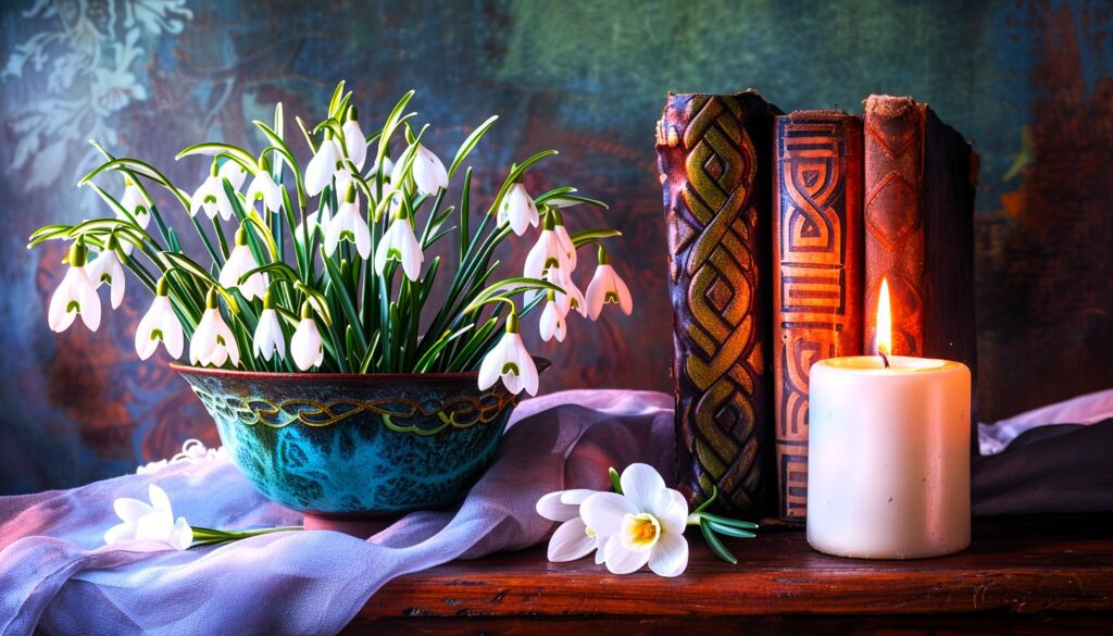 Imbolc A vibrant still life depicting bowls overflowing with freshly picked snowdrops and crocuses alongside a burning white candle and a hand bound leather book with a Celtic knot design