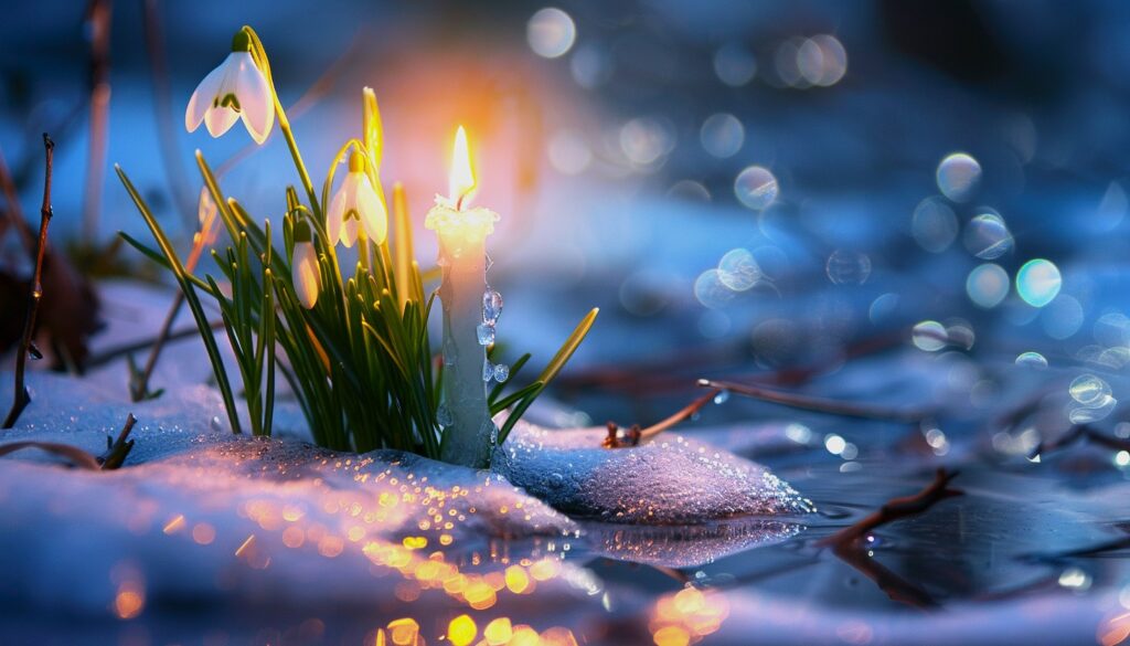 Imbolc candle in the snow as spring awakens