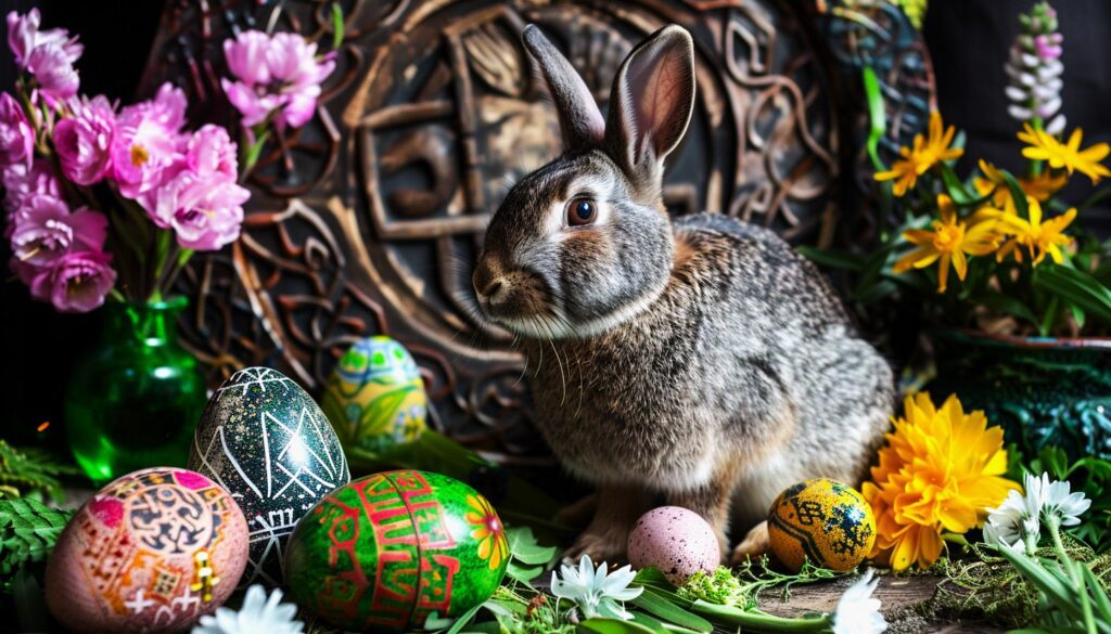 Ostara bunny and decorated eggs