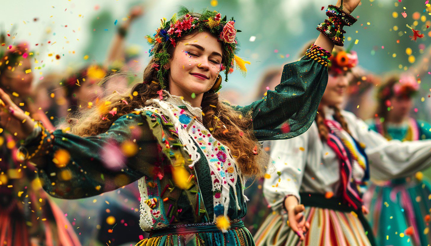 Ostara festival - Young woman dancing in celebration of the spring