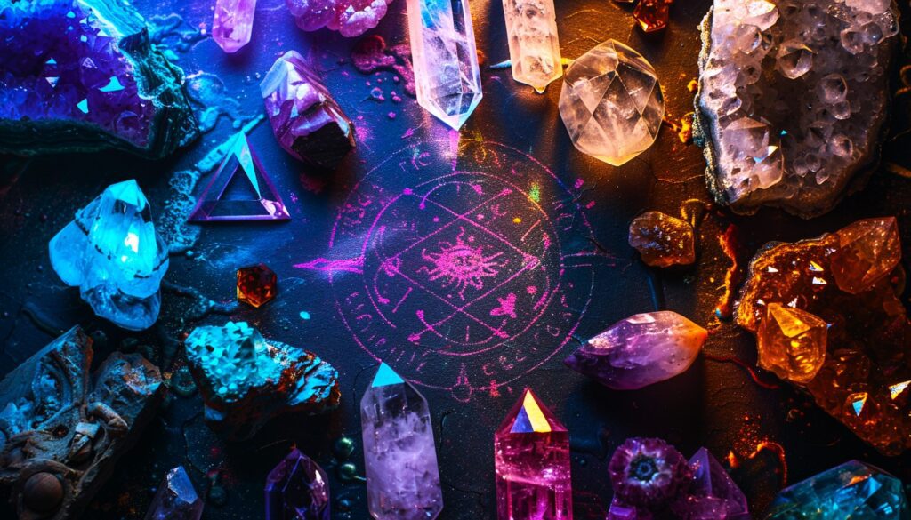 A collection of crystals gathered around a sigil enhancing its power