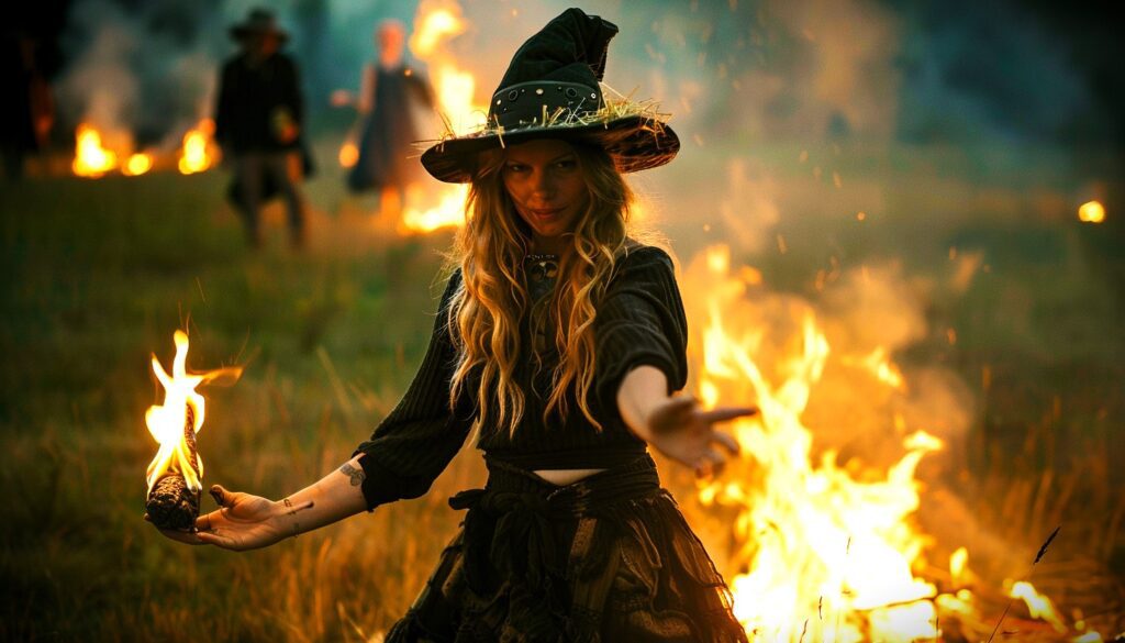 A witch celebrating Beltanes fire magick