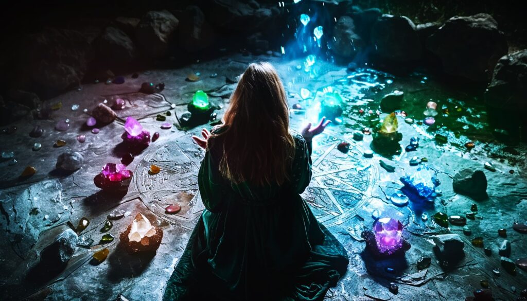 A witch harnessing the energy of her crystals to amplify her spell intentions.