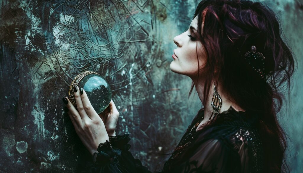 A witch gazing into her crystal translating visions and symbols from the crystals depth