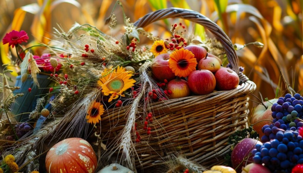 Basket filled with fresh fruits collected from the first harvest