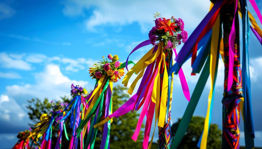 Beltane maypoles decorated with flowers on the top