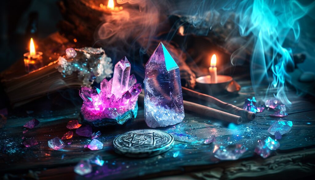 Cleansing and charging crystals using clusters, symbols, and smudging.