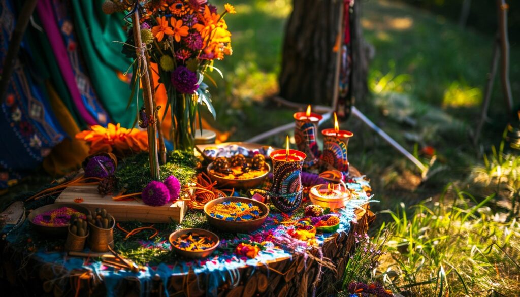 Colourful Beltane altar in the woods