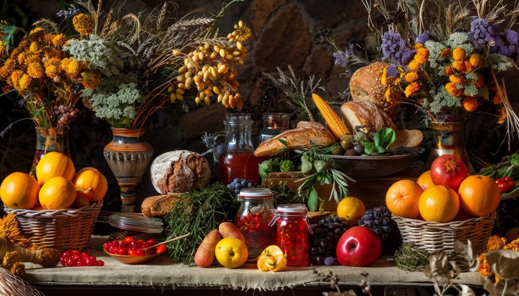 Lughnasadh celebrations, fruit and jam altar - Earth's bounty and abundance