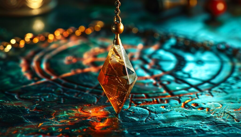 Yellow citrine dowsing crystal suspended from a golden chain over a turquoise pendulum board. 