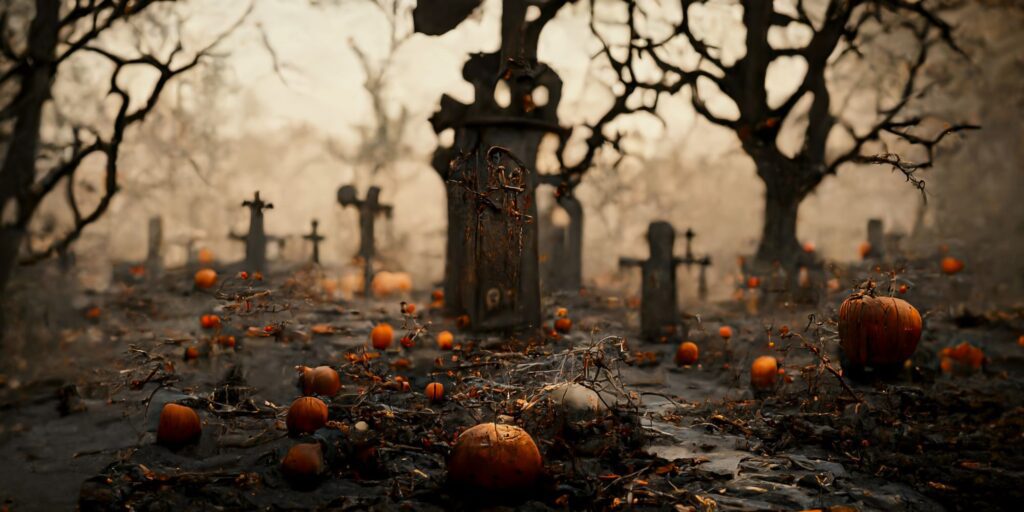 Pumpkins scattered a graver yard in a Samhain ritual to honour the dead