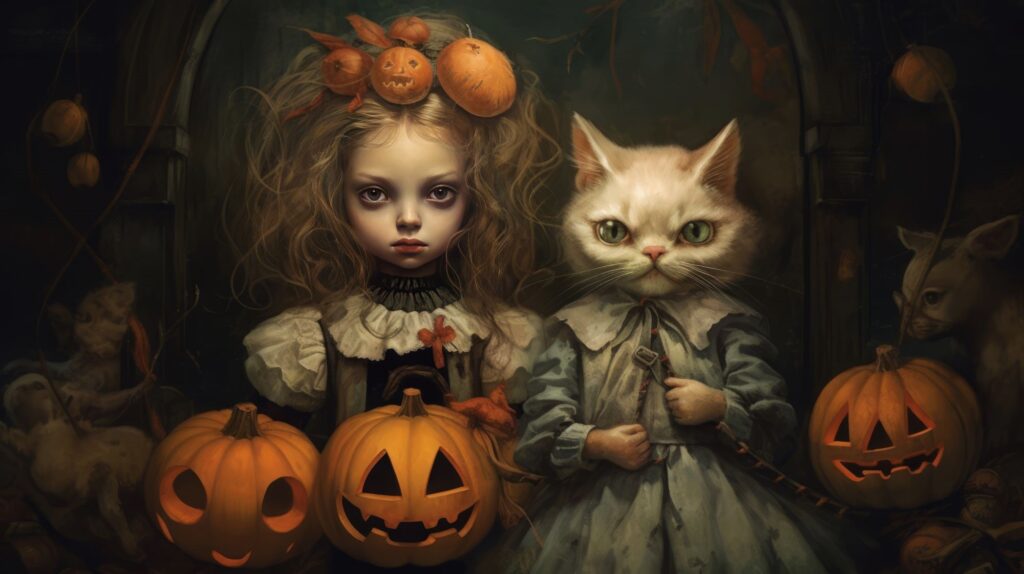 All-Hallows-eve spooky picture of a doll and cat - Samhain