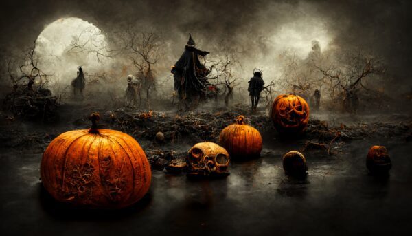 Samhain concept Halloween pumpkins in a scary cemetery