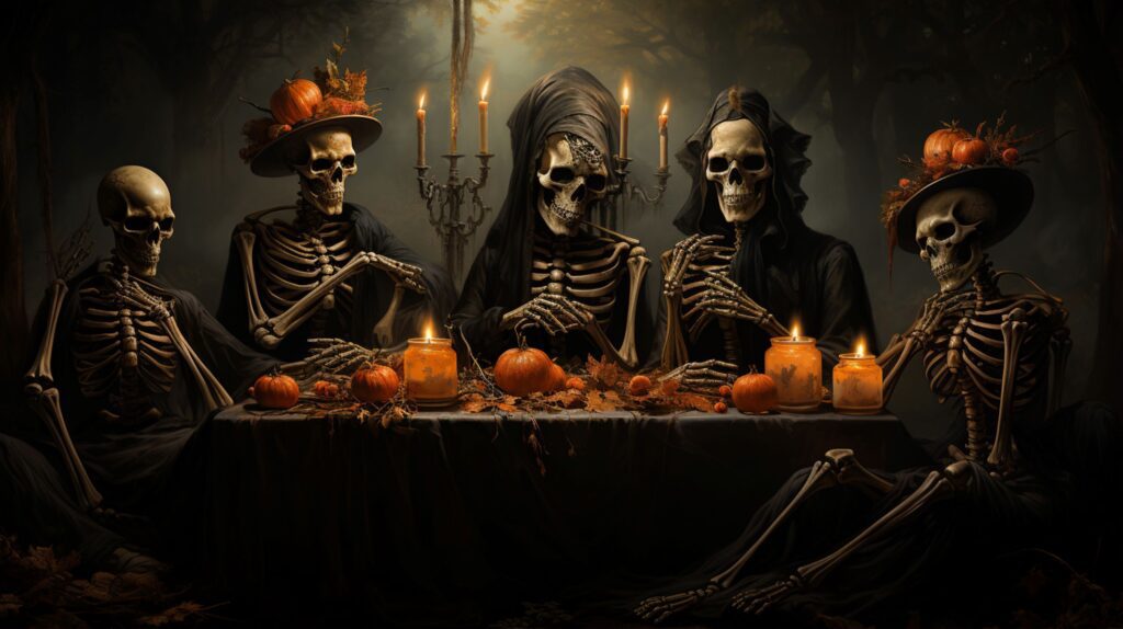 Skeletons sitting around a table having a dumb supper