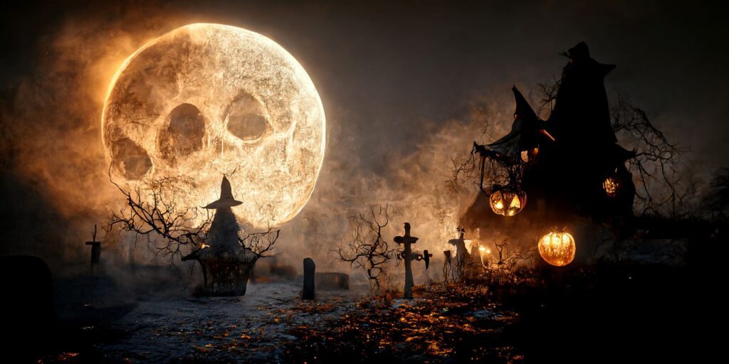 Spooky Halloween full moon with jack-o-lanterns lighting up a small house with a grave yard Samhain