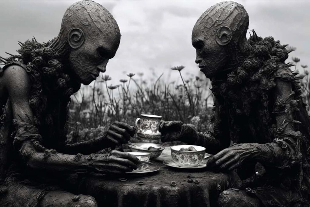 Two men sitting at a table reading tea leaves