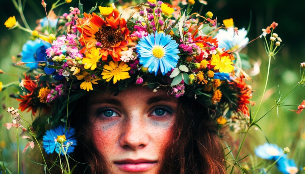 Young woman wearing a floral crown for Beltane festivities