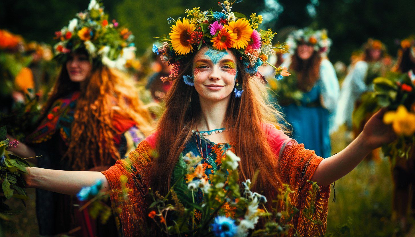 Young woman wearing a floral head dress celebrating Beltane