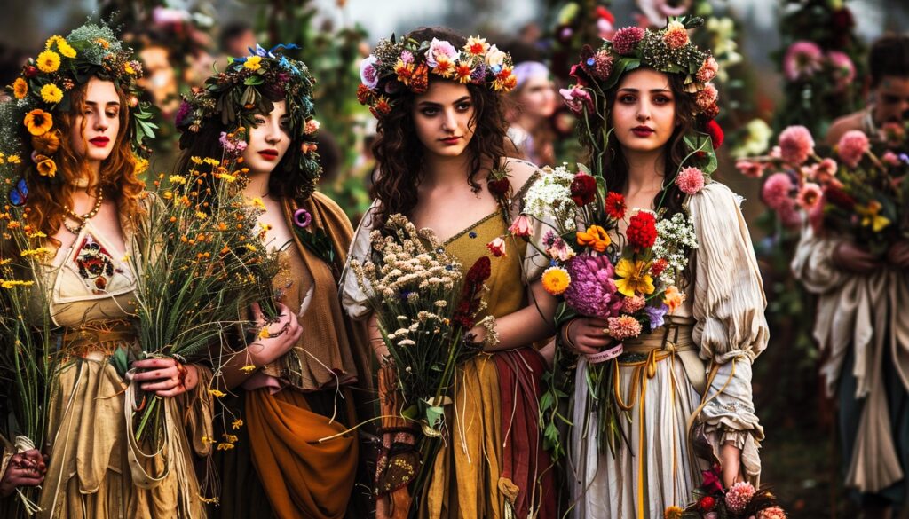 Young women celebrating the Roman Revelry for Flora Beltane