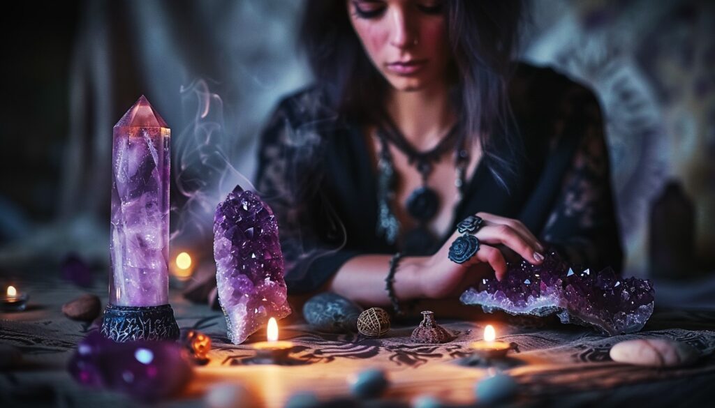 A witch channeling the crystals energy through meditation