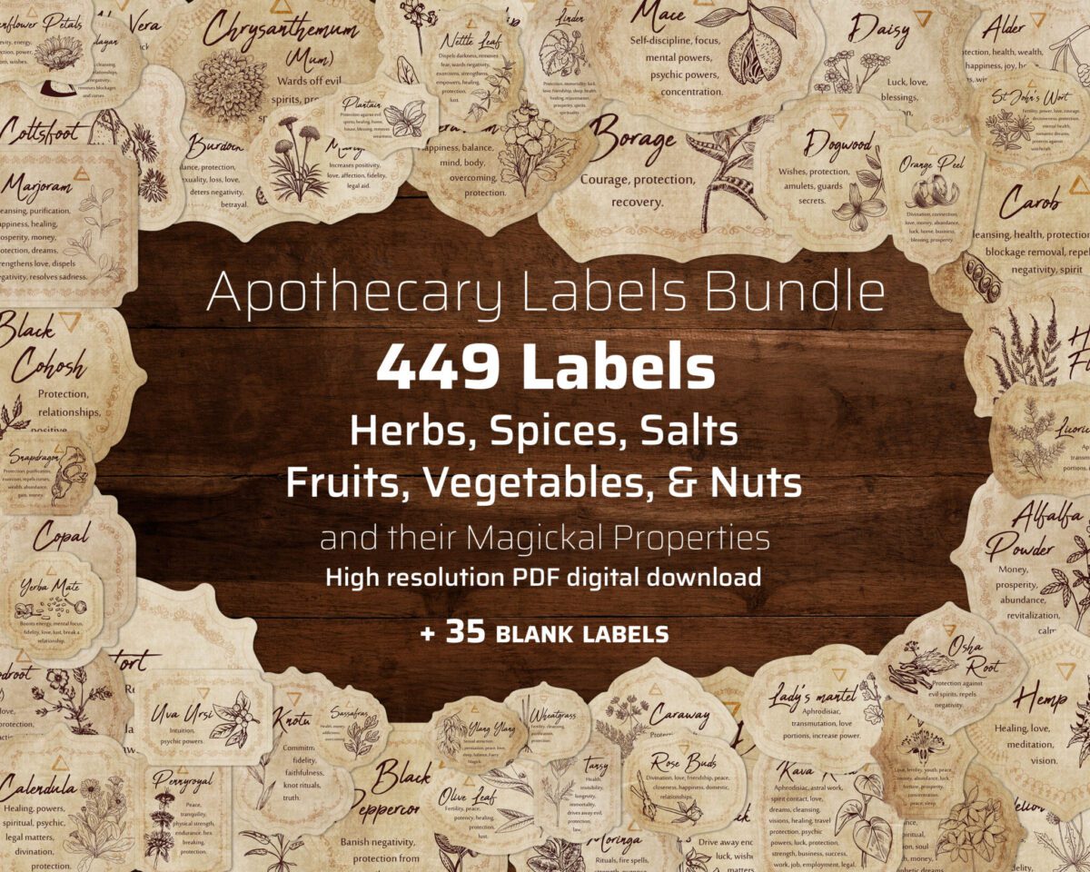449 Apothecary Witchcraft Labels for herbs, spices, fruits, nuts, seeds, and salts with a picture of the herb and its metaphysical associations in witchcraft.