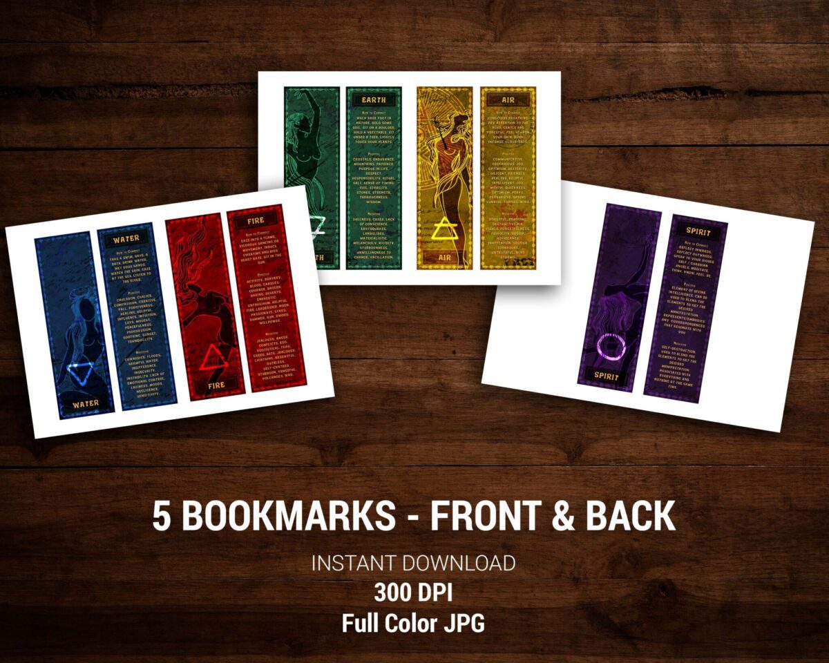Double-sided bookmarks for earth, fire, water, spirit, and air. Download and print.