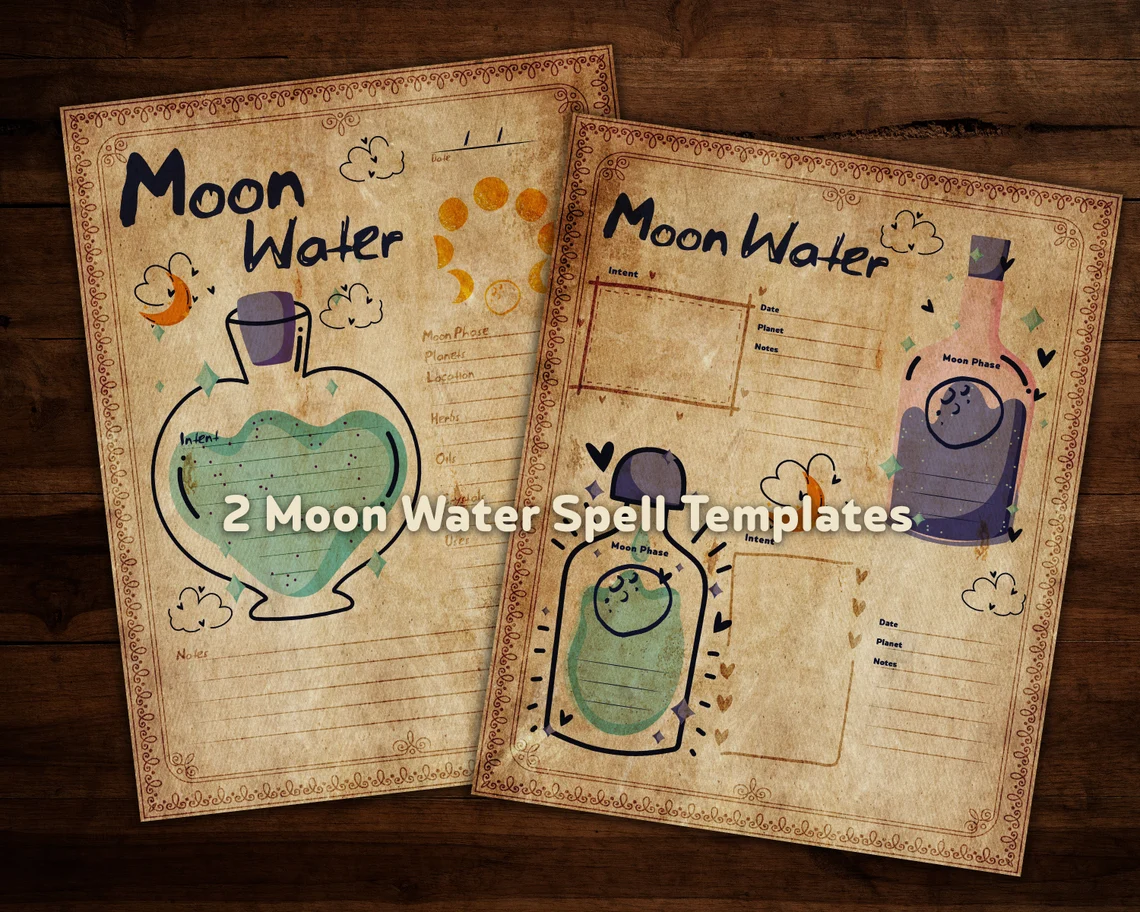 Moon water templates to record dates, moon phases, your intentions, and uses