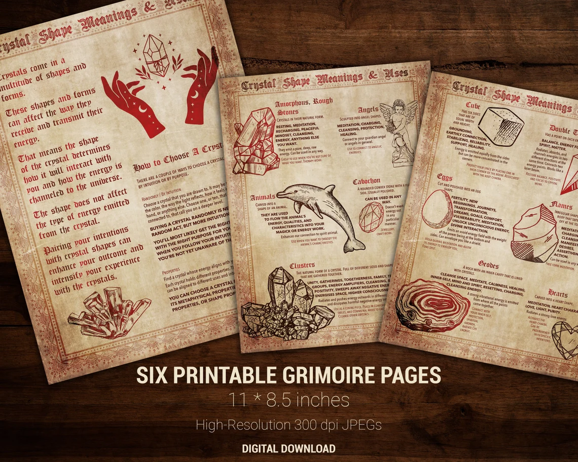 How to choose a crystal shape- six printable grimoire pages