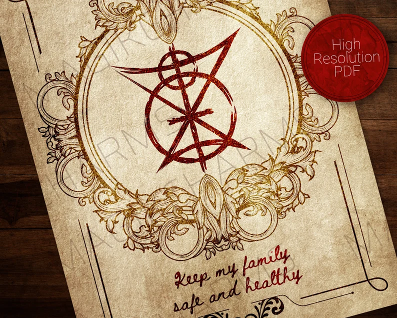 Family protection sigil grimoire page on an ancient, aged background