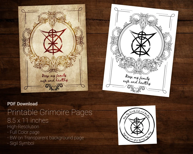 Printable grimoire pages and scalable line art vector sigil.