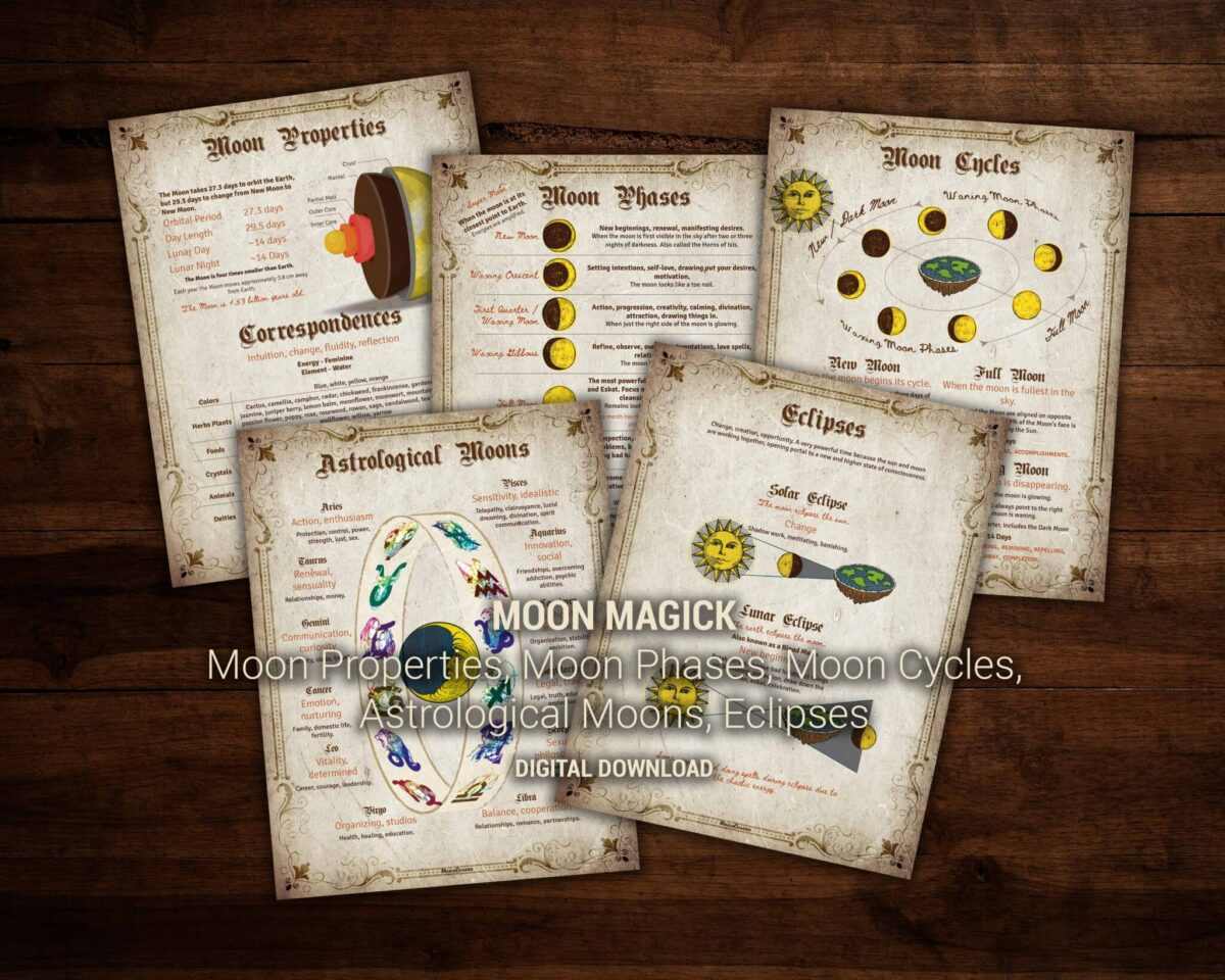 Moon phases magick properties pack with moon properties and its correspondences, best time for magick during moon phases, moon cycles and magick, astrological moon meanings, and eclipses.